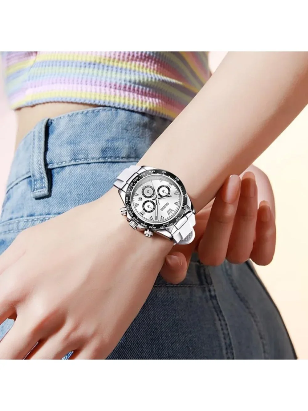 Women's White Black Stainless Steel Bracelet Waterproof Dress Analog Wrist Watch